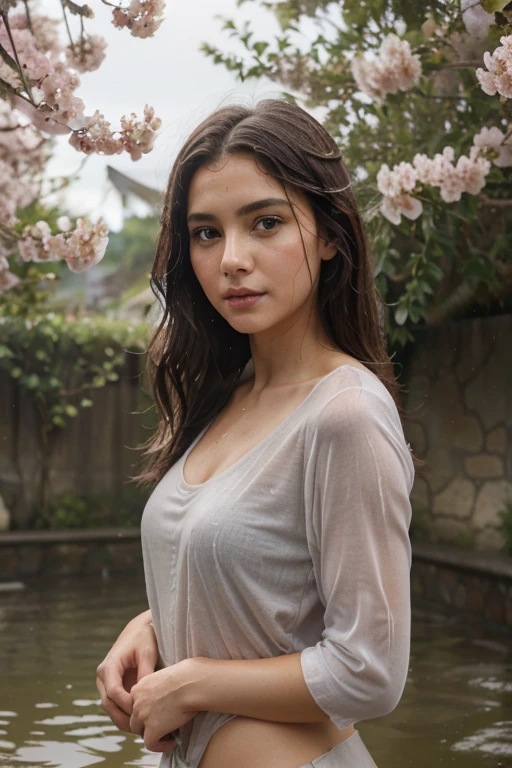 girl portrait, pencil, watercolor, Natural landscape background Gabriele dell'Otto、fine eyes,detailed lips,natural elegance、cherry blossoms、confidence、unique personality、naturalbody、Simple yet elegant makeup、Classic fashion、relaxed attitude、It's raining heavily、It's wet、hot spring、open-air bath、a woman posing with a grey top wet, in the style of matte photo, bloomcore, intense gaze, hispanicore, french countryside, rtx on, candid celebrity shots