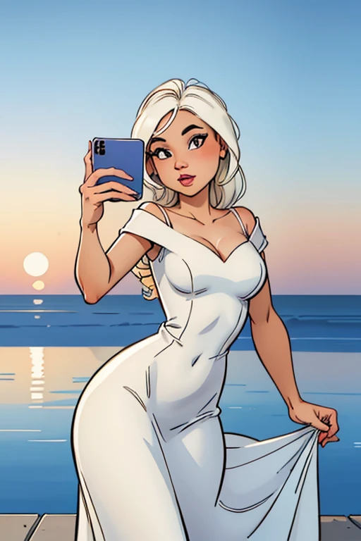 there is a woman taking a selfie in a white dress, figura feminina em vestido maxi, in digital illustration style, vacation vibe, uma linda mulher de branco, arte digital de um elegante, retrato detalhado de corpo inteiro, no estilo da pintura digital, vestido com um lindo branco, # 1 pintura digital de todos os tempos, #1 pintura digital de todos os tempos