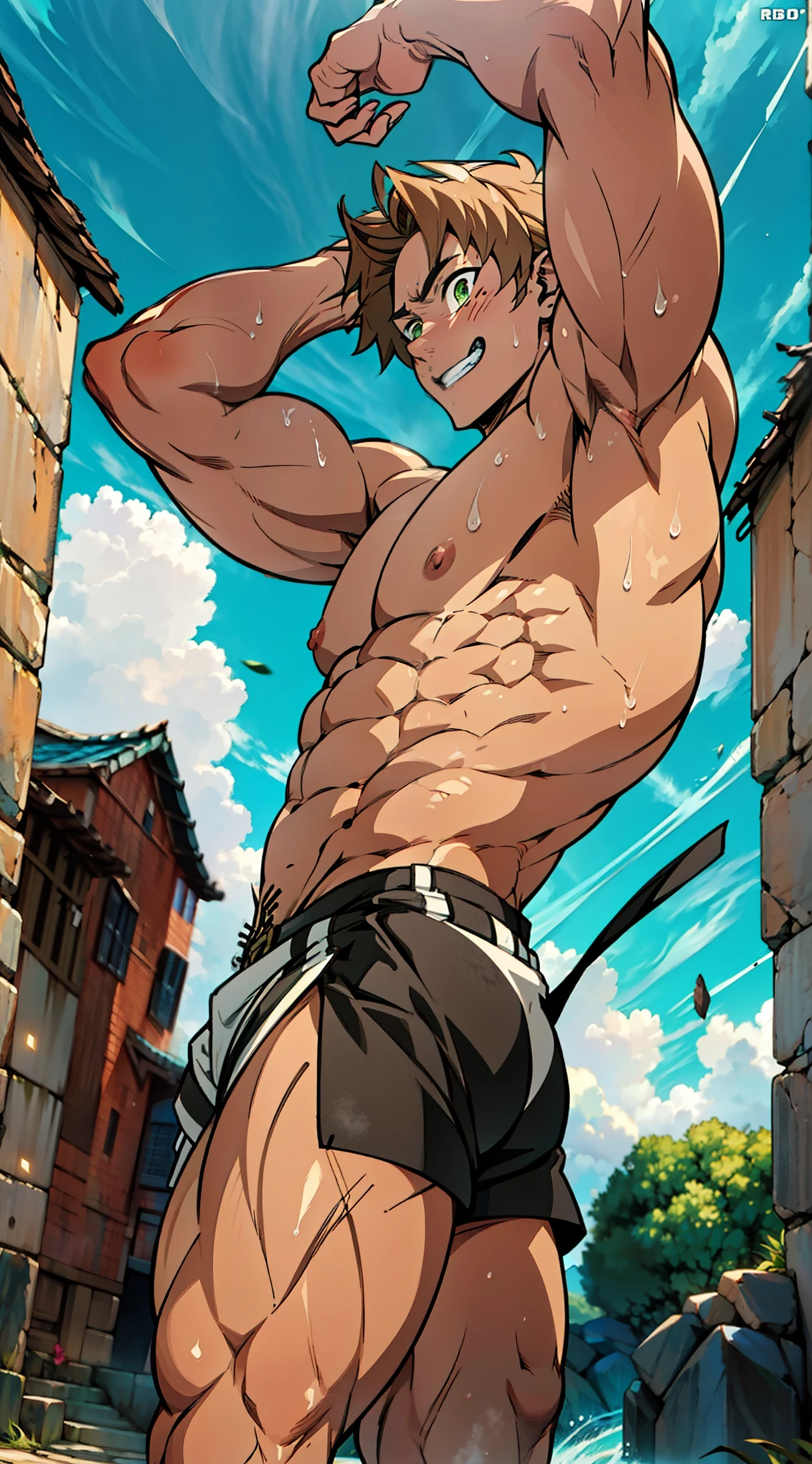 Showing off his muscular muscular back, red skin, bright red skin, the boy blushed shyly , rosy skin, shiny skin(muscular thigh muscles )( anime style, art) (photo angle from bottom up) (photo angle from the ground upwards) [Anime photo][highest quality photo][4k,HD photo quality ] wear tight and short loincloths ,the loincloth bulges due to the erect male genitals (muscular thigh muscles, firm thigh muscles, muscular thigh muscles, sinewy thigh muscles, giant thigh muscles, strong leg muscles, muscular hamstring leg muscles)(thigh muscles bulging as if about to explode, muscular, calloused, sinewy, giant) , Rudeus Greyrat,fun, happy,bodybuilder,bodybuilding, standing, lots of sweat flowing down, topless, shirtless, hot sunny, 8 pack abs , short hair , green eyes, Side View , Raise your arms high to reveal your armpits, Hands behind the head.