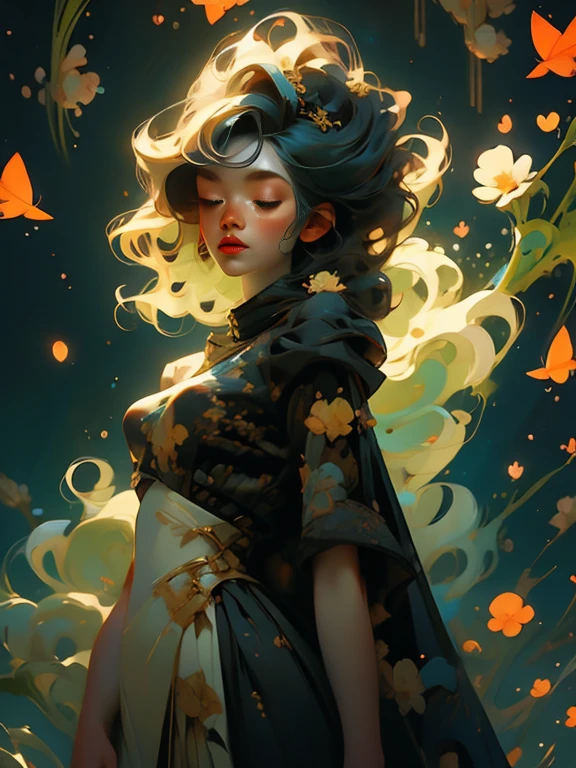 woman floating in the air, (multi-color hair), limp body, asleep, vibrant opalescent lighting, flecks in the air, dynamic lighting, warm color pallet, knit, brocade, gold carp, strange black fish, poppies, swirling air movement, wide angle, full body view, entire body in frame, loose fabric, geometric shapes, small breasts, sherbet, persimmon, up-do hair,