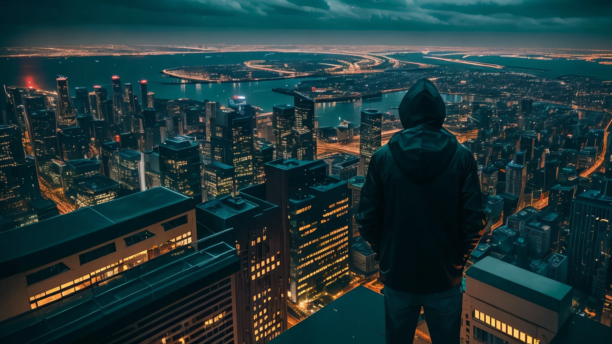 A young adult boy standing on a tall building looking at the big city from above, ultra realistic and detailed, cloudy weather, rainy night, cold colors, camera from above selfie style, from the back, clothes with hood covering the head, dark weather