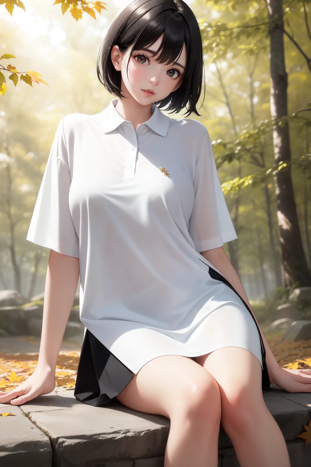 White is a beautiful color, radiating purity and elegance in its ultra-high definition, hyper-detailed, and extremely delicate representation. It casts an ethereal glow under the cinematic light, reflecting in the sharp focus and depth of field of a pristine scene. Imagine a girl, dress donned in a masterpiece of white, her slender form framed by the natural soft light filtering through the autumn trees. Her short black hair contrasts dramatically against her gleaming white polo shirt and white sneakers, adding depth and texture to the scene. The crispness of the air carries the sound of crunching leaves, bringing a sense of peaceful solitude to the surroundings. This