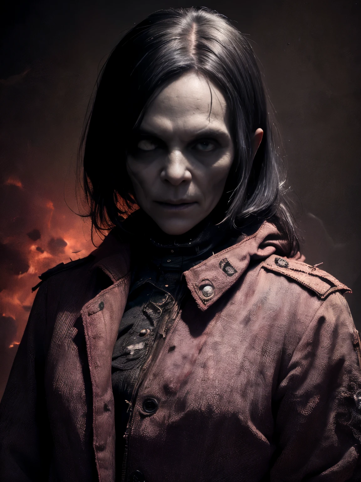 A haunting portrait of an old woman with long black and grey hair in a military coat with a face that reflects the horrors of the undead, zombie, empty eyes, bloodstains, dead eyes, evil eyes, showing of her sharp teeth, aggressive, Focus on realism and intricate details to capture the unsettling nature of her appearance. Depict her lifeless eyes, decaying skin, and disheveled coat in vivid and precise detail, using shading and textures to bring the image to life. Upper body shot