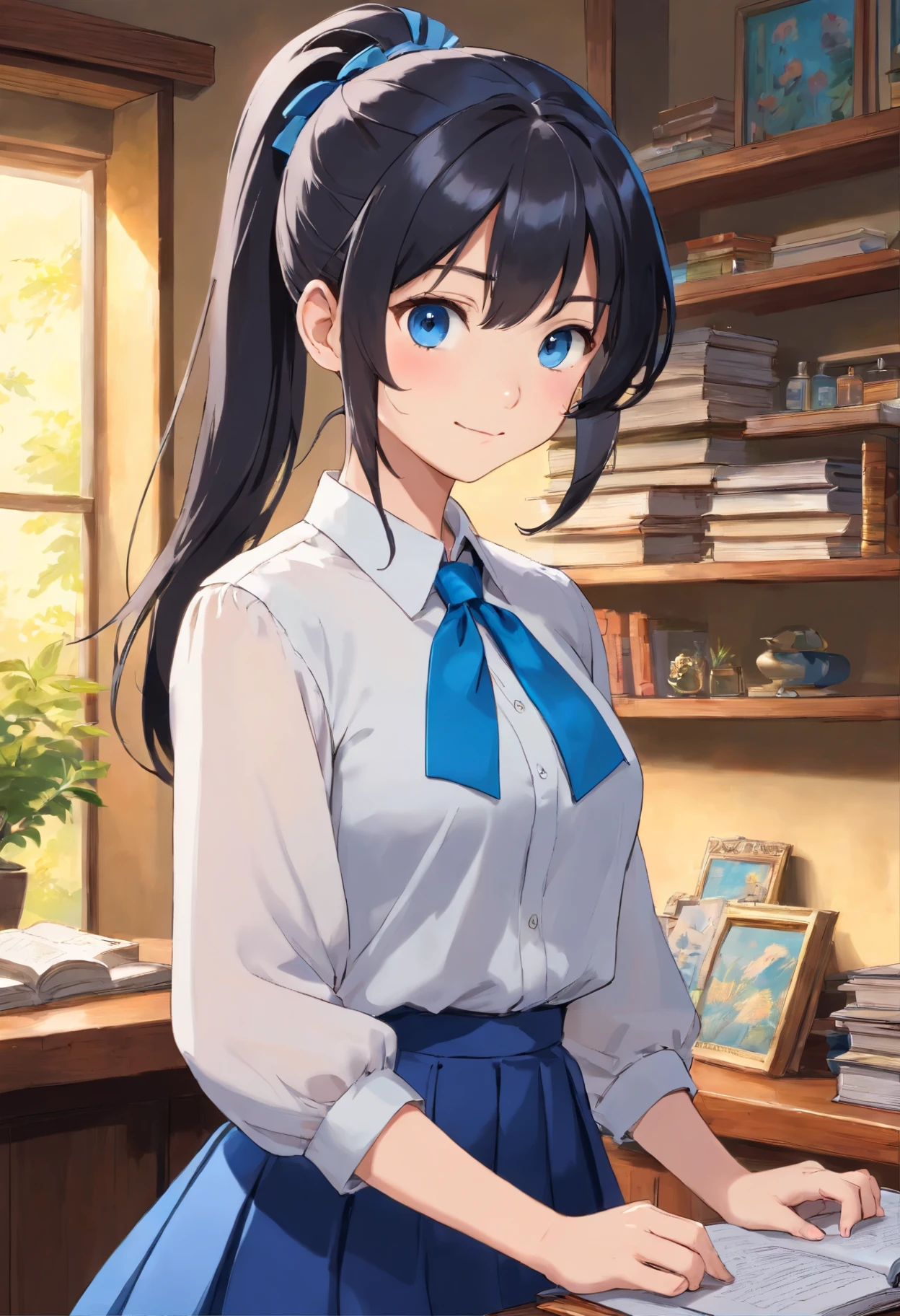 Masterpiece, Top Quality, High Resolution, Very Detailed, Detailed Background,(Fraulem Chrome, (Black Hair, Semi-Long Hair, Blue Ribbon in Ponytail),(White Blouse, Blue Short Ribbon Tie, Blue Long Skirt), Small, Neat, Black Eyes,Studying, Gentle Smile), Scaled Out, Chic Study, Vase