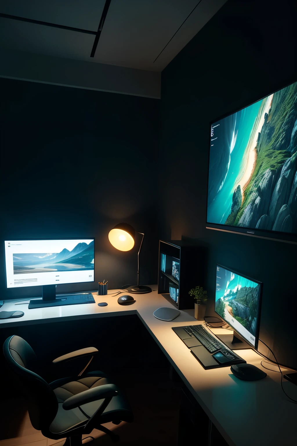 A contemporary scene featuring a sleek, high-definition television acting as a monitor for a computer workstation. The screen displays vibrant colors and sharp contrasts, mirroring the intricate details of the digital content being viewed. The room is bathed in soft, ambient lighting, creating an inviting and focused atmosphere for productivity. The image is rendered in a hyper-realistic style, capturing every pixel and texture with stunning accuracy. The scene exudes a sense of sophistication and attention to detail, making it an exquisite addition to any modern workspace. [
Or, if you prefer a more conversational tone:
Imagine a cozy home office setup where a large, high-definition TV functions