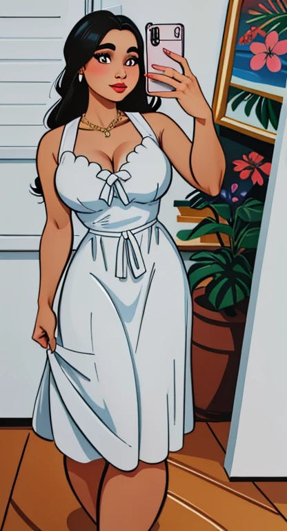 there is a woman taking a selfie in a white dress, figura feminina em vestido maxi, in digital illustration style, vacation vibe, uma linda mulher de branco, arte digital de um elegante, retrato detalhado de corpo inteiro, no estilo da pintura digital, vestido com um lindo branco, # 1 pintura digital de todos os tempos, #1 pintura digital de todos os tempos