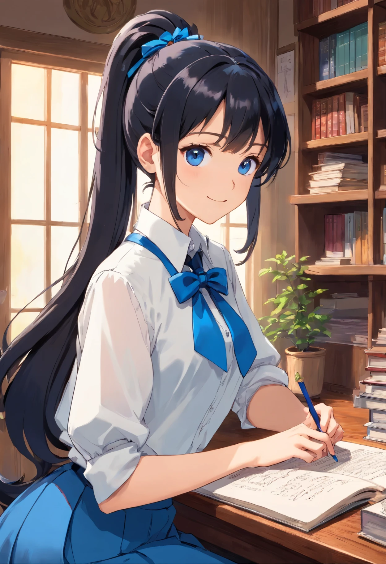 Masterpiece, Top Quality, High Resolution, Very Detailed, Detailed Background,(Fraulem Chrome, (Black Hair, Semi-Long Hair, Blue Ribbon in Ponytail),(White Blouse, Blue Short Ribbon Tie, Blue Long Skirt), Small, Neat, Black Eyes,Studying, Gentle Smile), Scaled Out, Chic Study, Vase