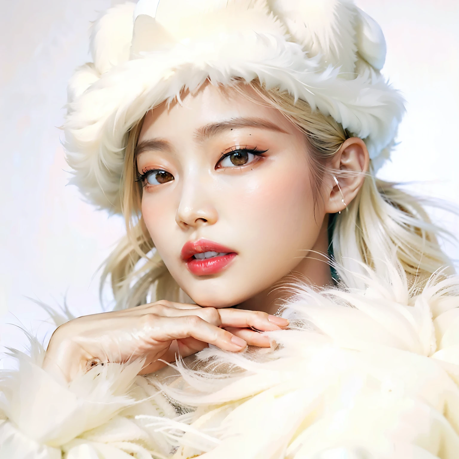 a close-up of a woman in a white hat and a fur coat, parque roseanne de blackpink, jennie blackpink, maquiagem coreana popular, maquiagem sul-coreana popular, Lalisa Manobal, Jinyoung Shin, jaeyeon nam, Heonhwa Choe, Retrato de Jossi do Blackpink, Portrait of female Korean idol, adorable and pale korean face, estacionar a partir de-min