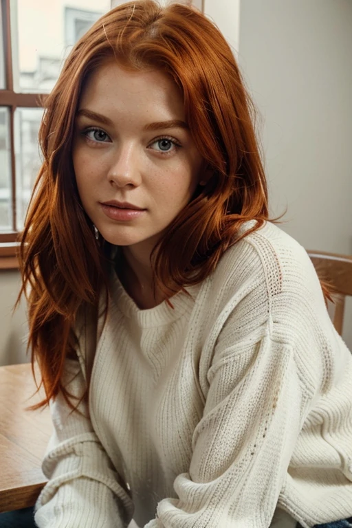 There is a woman with red hair wearing jeans and a white low-cut sweater, am Tisch sitzend und beim Kaffee trinken, with red hair and green eyes, red-haired girl, cute young red-haired girl, red-haired girl, roter Kopf, mit lockigen roten Haaren, beautiful young model, sie ist rothaarig, Girl with red hair, eine rothaarige junge Frau, flowing reddish-brown hair, red-haired goddess