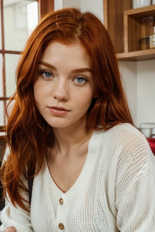 There is a woman with red hair and a white dress, with red hair and green eyes, red-haired girl, cute young red-haired girl, red-haired girl, roter Kopf, mit lockigen roten Haaren, beautiful young model, sie ist rothaarig, Girl with red hair, eine rothaarige junge Frau, flowing reddish-brown hair, red-haired goddess, in einem Restaurant, gedimmtes Licht