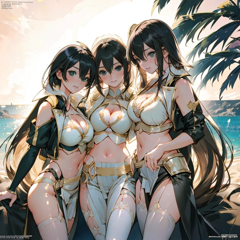 Three beautiful fair-skinned women in bikinis pose for a group photo on the beach, seductive anime girls, beautiful and seductive anime woman, Guviz-style artwork, Perfect black haired girl, Guviz, Beautiful cute girl, ross tran. scenery background, in beach, Beautiful cute woman, trending on artstation pixiv, Extremely detailed Artgerm, beauty,Extra-large big breasts,no bikini,Blush,Perfect body slim curves,8K romantic art photos,