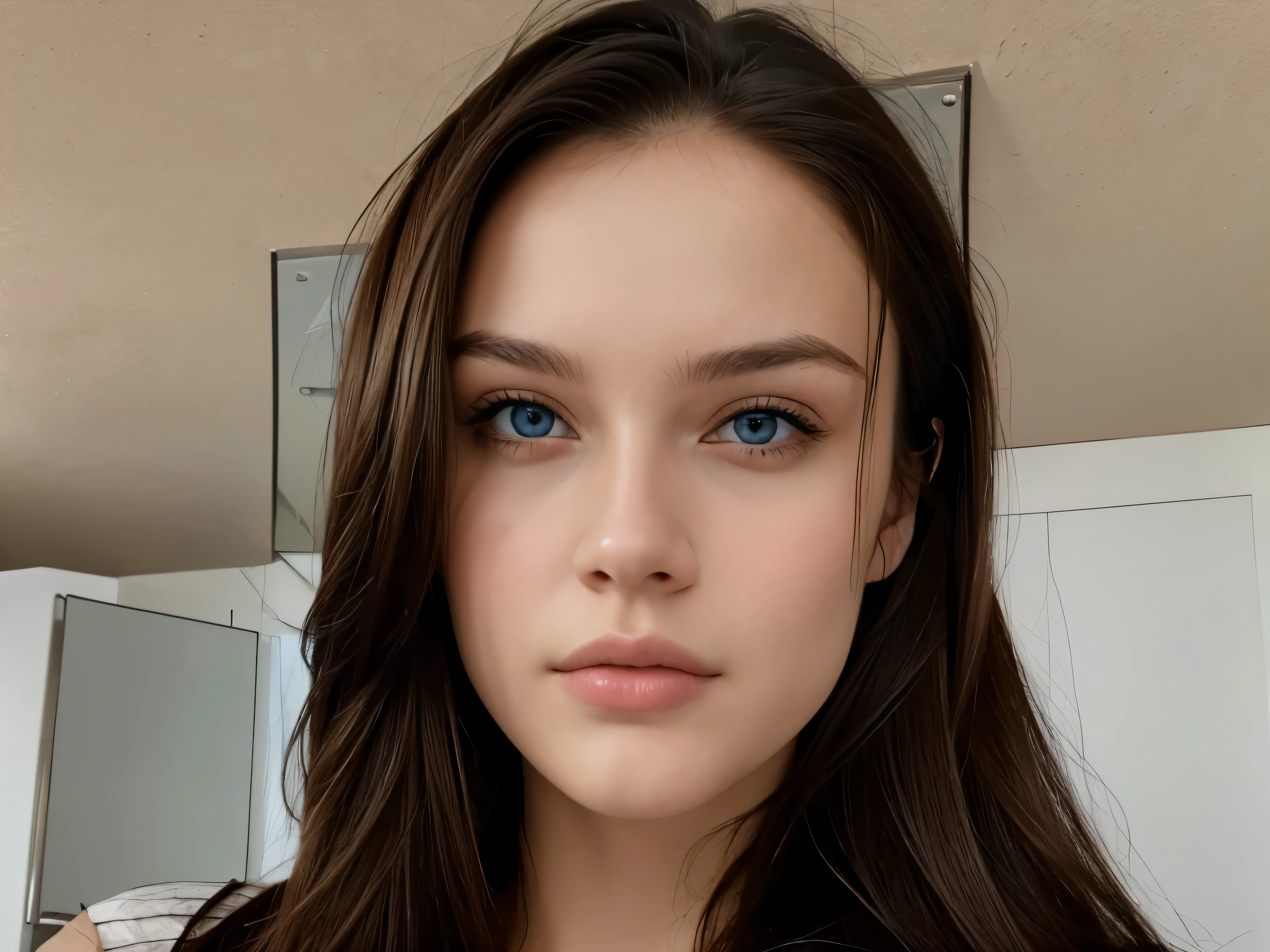 Sxesxeevasxe, sxesxe, ((best quality)), ((masterpiece)), (detailed), perfect face, age about 20 years old, 1 girl, passport photo, straight photo, serious face, looking into the camera, blue eyes, brown hair, plump lips, flowing long hair, photo