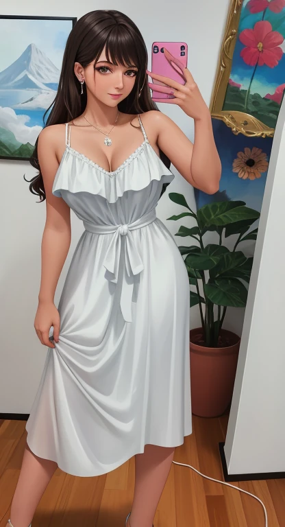 there is a woman taking a selfie in a white dress, figura feminina em vestido maxi, in digital illustration style, vacation vibe, uma linda mulher de branco, arte digital de um elegante, retrato detalhado de corpo inteiro, no estilo da pintura digital, vestido com um lindo branco, # 1 pintura digital de todos os tempos, #1 pintura digital de todos os tempos