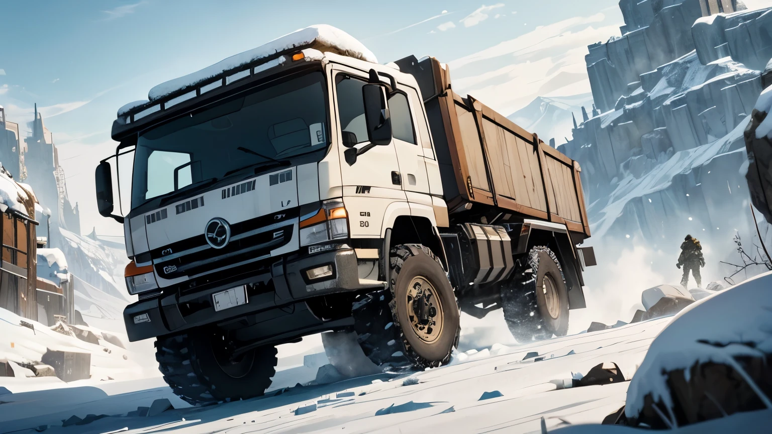 top viel create a vertical view map of a frozen icy tundra and a post apocalyptic stone military snow truck