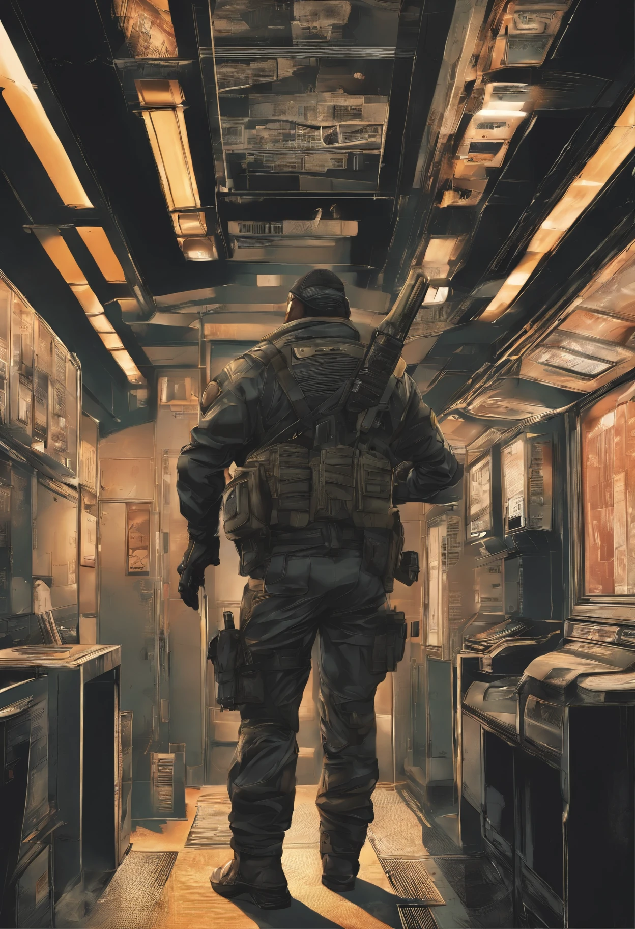 In the hallway there is a man in a mask and a gun, bank heist movie, stealth suit, 3 D rendered character art 8 K, cyberpunk street thug, bank robbery movie, avant-garde assassin, security agent, Jetstream Sam from Metal Gear Solid, bank robbery, Metal Gear solid style, badass anime 8 K, background of Resident Evil game, video game characters, money grab