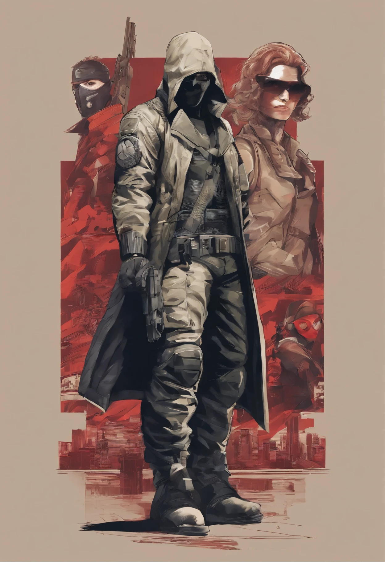 In the hallway there is a man in a mask and a gun, bank heist movie, stealth suit, 3 D rendered character art 8 K, cyberpunk street thug, bank robbery movie, avant-garde teen assassin, security agent, Jetstream Sam from Metal Gear Solid, bank robbery, Metal Gear solid style, badass anime 8 K, background of Resident Evil game, video game characters, money grab