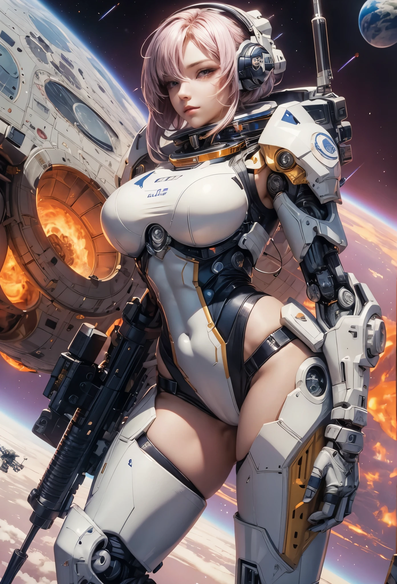 ((Highly accurate drawing in every detail)Extremely precise depiction)[High resolution],(detailed illustrations,とてもfineで緻密な描画,Delicate drawn lines with tempo,Realistic texture expression),[color traced main line],(Space Battlefield [Space Mobile Fortress]),[solo],HENTAI (((ANIME) BIONICGirl) Beauty  ((muscular) [Plump])) (Astronauts Cyborg) [Space Marine Corps Military [MASCHINEBODY]],Bullet Belt Javelin [[Firearms, Machine Guns, Bazookas] Saber Rifle ][[Rocket Pack]],Zero Gravity Front,gravure [[White Devil] [Outer space combat]] Battle Damage,[retro future],(intricate and beautiful decoration [Dense detail]),(Fine and beautiful skin expression [transparency]),[完璧な目のdetailed (Beautifully detailed iris)(Eyes like deep jewels)],(eyes light[Pinpoint lighting for the eyes]),[long and beautiful eyelashes],[precisely drawn hair [美しく艷やかな髪のdetailed]],(完璧な手のdetailed [Beautiful fingers with no damage [beautiful nails]]),(perfect anatomy(perfectly balanced proportions))[[full body portrait]],[[Design built to the highest level]][ideal color coordination(Accurate simulation of light and material interactions)],([Precision Detail](detailed,高fine)),[Visual art that tells a story],((highest quality)fine[[High density drawing]])[FHD].