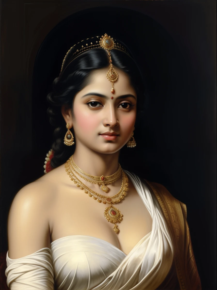 Beautiful Indian Woman, wearing saree, sari Beauty, gorgeous, Apsara, Maharani, royal queen woman, nymph from Hindu Mythology, pierced eyes, Urvashi, matchless beauty, Highly detailed, Oil Painting by Peter Paul Rubens inspired by Raja Ravi Varma, Matchless beauty, captivating, gorgeous, heavenly beauty, celestial beauty, by Peter Paul Rubens, 1893, realistic, hyper realistic, micro details, incredible artwork, insane details, ultra High resolution, 8k, 32k, acrylic on canvas, intricate, flawless, detailed, detailed face, detailed eyes, masterpiece, by Peter Paul Rubens, by Caravaggio, by William Adolphe bouguereau, perfect face, perfect body, beautiful art, realism, baroque, renaissance Art, highly textured, beautiful eyes, uhd, best quality,