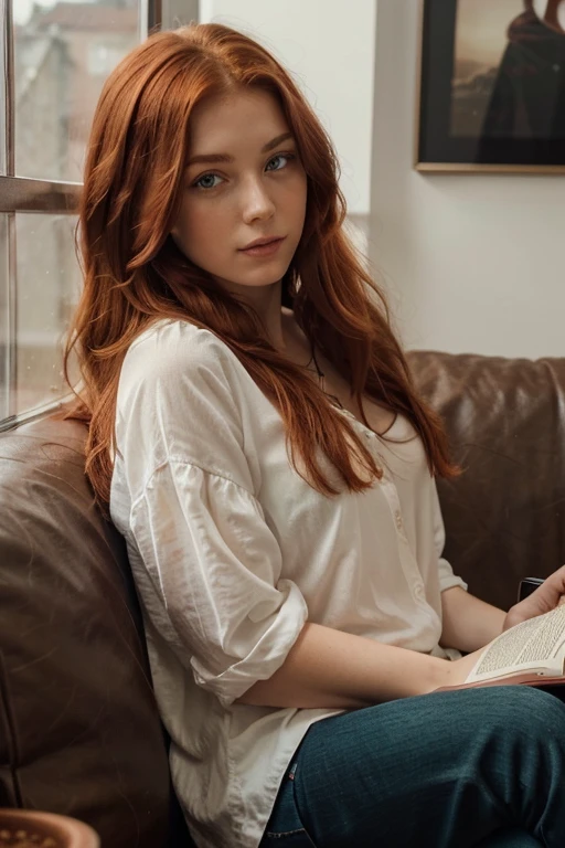 Da ist eine Frau mit roten Haaren und einer schwarzen Jeans, Dreamy, with red hair and green eyes, red-haired girl, cute young red-haired girl, red-haired girl, roter Kopf, mit lockigen roten Haaren, beautiful young model, sie ist rothaarig, Girl with red hair, eine rothaarige junge Frau, flowing reddish-brown hair, red-haired goddess, ein Buch lesend, Buch, lesen, Dreamy