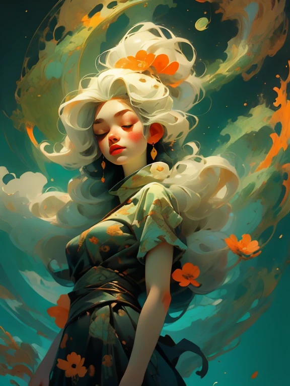 woman floating in the darkness, (multi-color hair), limp body, asleep, vibrant opalescent lighting, flecks in the air, dynamic lighting, warm color pallet, knit, brocade, gold carp, strange black fish, poppies, swirling air movement, wide angle, full body view, entire body in frame, loose fabric, geometric shapes, small breasts, sherbet, persimmon, up-do hair, 