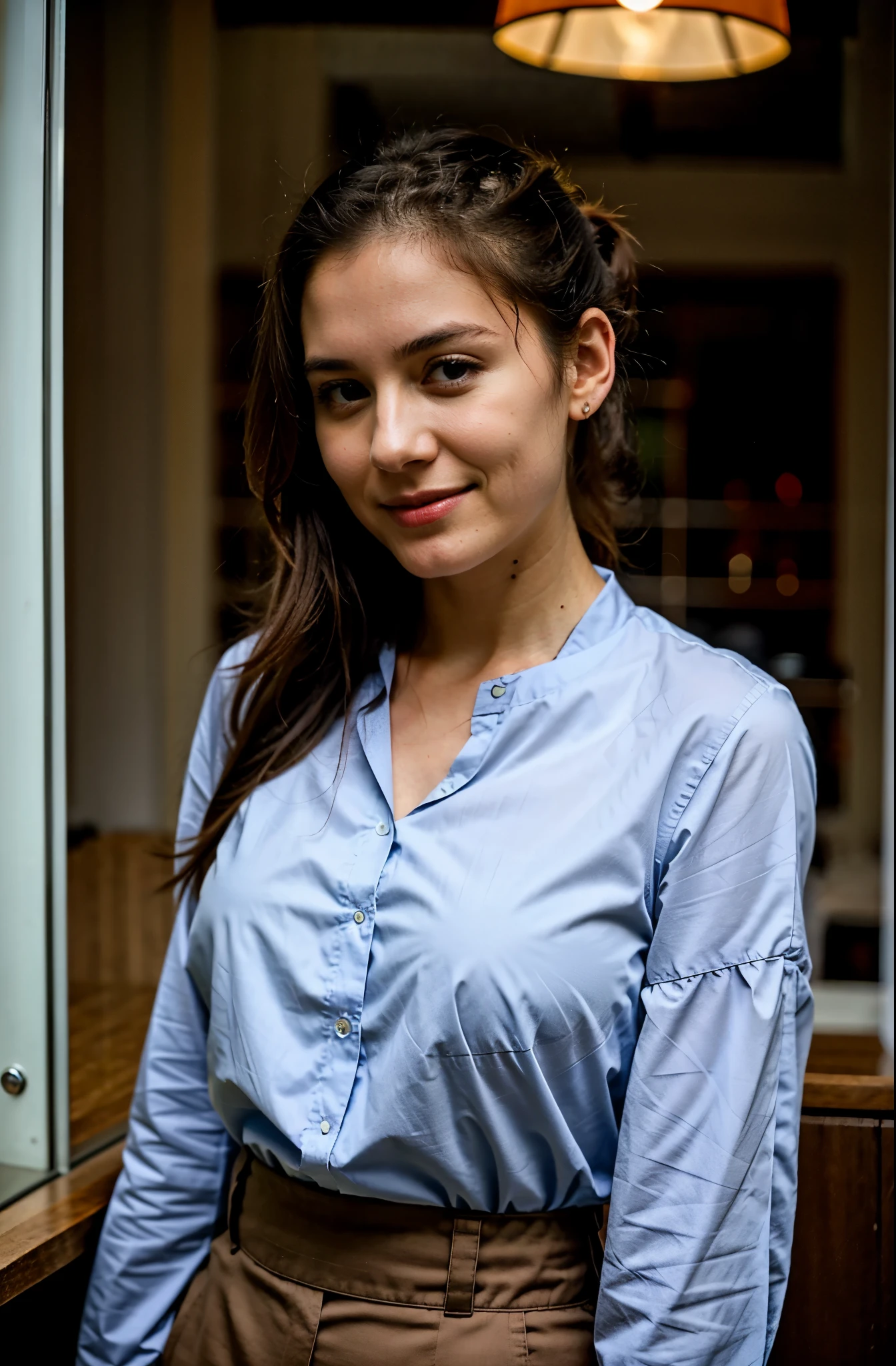 RAW photo of a young woman ,30 years old, slim long face, beautiful brown eyes, ponytail hairs, charming eyes, middle size breast, masterpiece, UHD, best quality, face portrait, long blue blouse, brown pants, 8k uhd, dslr, soft lighting, high quality, film grain, Fujifilm XT3, middle size breast, (((long slim face))):1.4