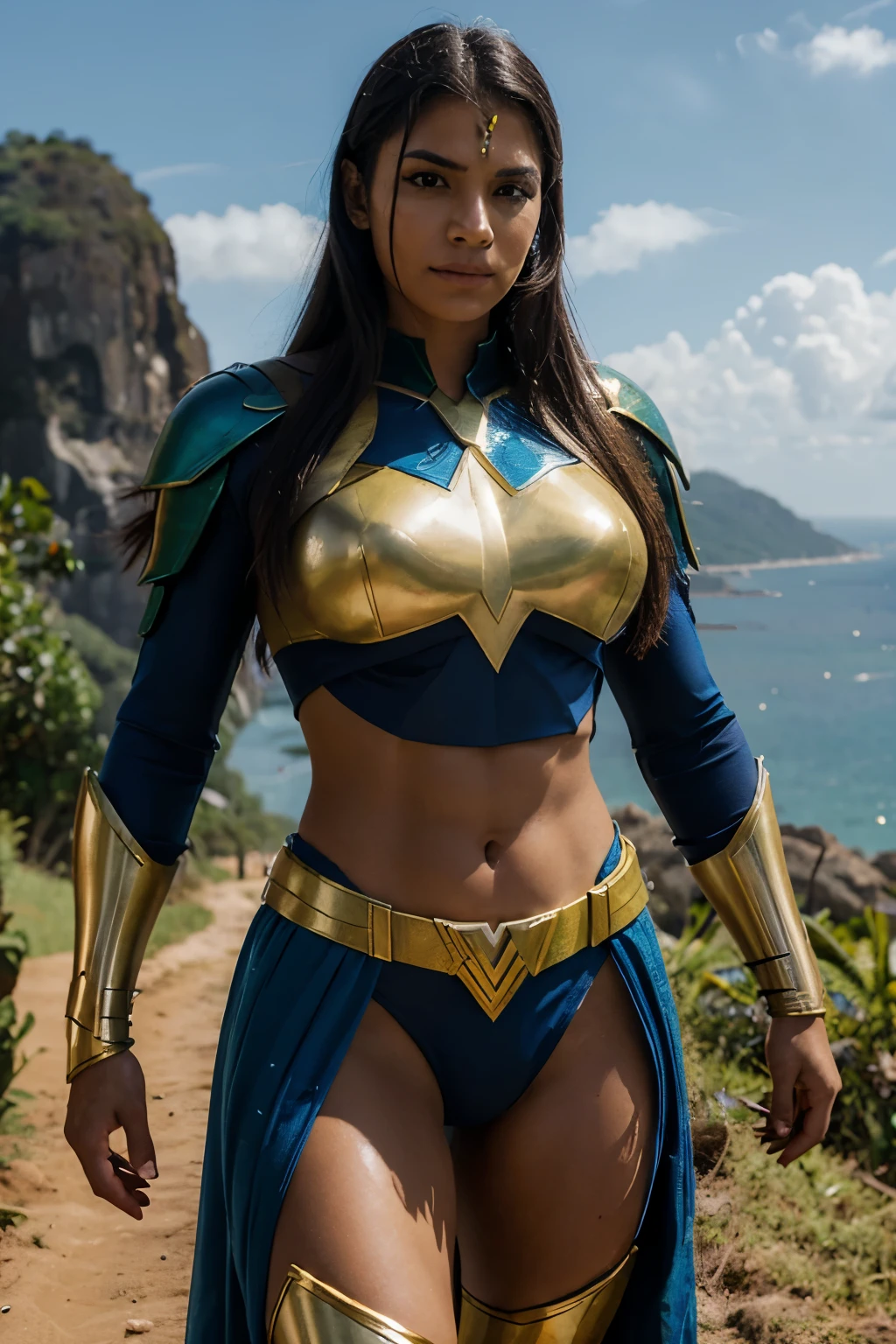 A hyper realistic superhero from Brazil with traditionally Brazilian features with armor and a background with a Brazilian landscape