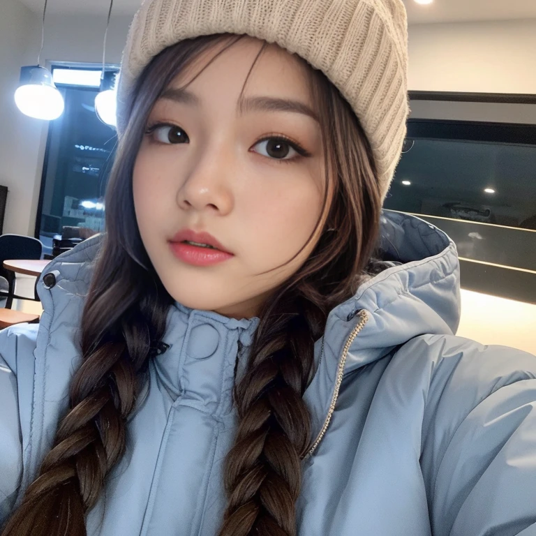 (Realistic lighting, Best quality, 8K, Masterpiece: 1.3)), Clear focus: 1.2, 1girl, Perfect beauty: 1.4, Big breasts: 1.2, Slim abs: 1.1, ((dark brown hair)), (light blue winter outfit with a open coat), (ski resort), day: 1.1), , Super fine face, fine eyes, Double eyelids, beanie, braids 
