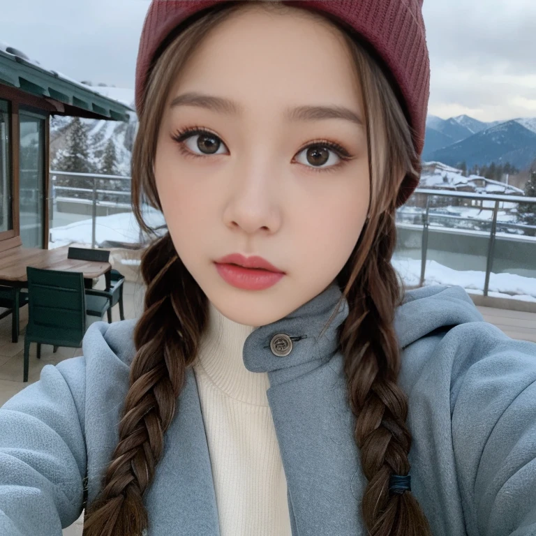 (Realistic lighting, Best quality, 8K, Masterpiece: 1.3)), Clear focus: 1.2, 1girl, Perfect beauty: 1.4, Big breasts: 1.2, Slim abs: 1.1, ((dark brown hair)), (light blue winter outfit with a open coat), (ski resort), day: 1.1), , Super fine face, fine eyes, Double eyelids, beanie, braids 