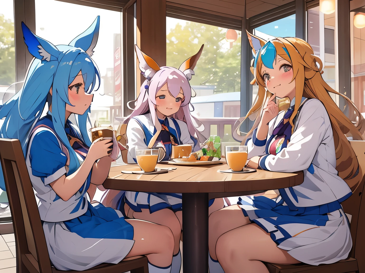 **Frame 3:**
[image: Everyone is relaxing and drinking tea at the cafe.]
Uma Musume C: 「Spending time with friends is also important.。」


