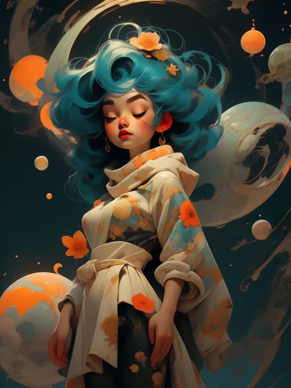 woman floating in the air, 1950's space suit, 1950's pulp movie space helmet, (multi-color hair), limp body, asleep, vibrant opalescent lighting, flecks in the air, dynamic lighting, warm color pallet, knit, brocade, gold carp, strange black fish, poppies, swirling air movement, wide angle, full body view, entire body in frame, loose fabric, geometric shapes, small breasts, sherbet, persimmon, up-do hair, huge thick intricately woven scarf, puffy scarf, background is dark with colored semi-translucent liquid orbs that have a warm internal glow