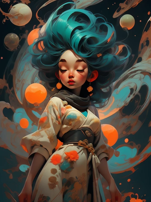 woman floating in the air, 1950's space suit, 1950's pulp movie space helmet, (multi-color hair), limp body, asleep, vibrant opalescent lighting, flecks in the air, dynamic lighting, warm color pallet, knit, brocade, gold carp, strange black fish, poppies, swirling air movement, wide angle, full body view, entire body in frame, loose fabric, geometric shapes, small breasts, sherbet, persimmon, up-do hair, huge thick intricately woven scarf, puffy scarf, background is dark with colored semi-translucent liquid orbs that have a warm internal glow