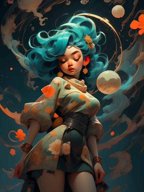 woman floating in the air, 1950's space suit, 1950's pulp movie space helmet, (multi-color hair), limp body, asleep, vibrant opalescent lighting, flecks in the air, dynamic lighting, warm color pallet, knit, brocade, gold carp, strange black fish, poppies, swirling air movement, wide angle, full body view, entire body in frame, loose fabric, geometric shapes, small breasts, sherbet, persimmon, up-do hair, huge thick intricately woven scarf, puffy scarf, background is dark with colored semi-translucent liquid orbs that have a warm internal glow