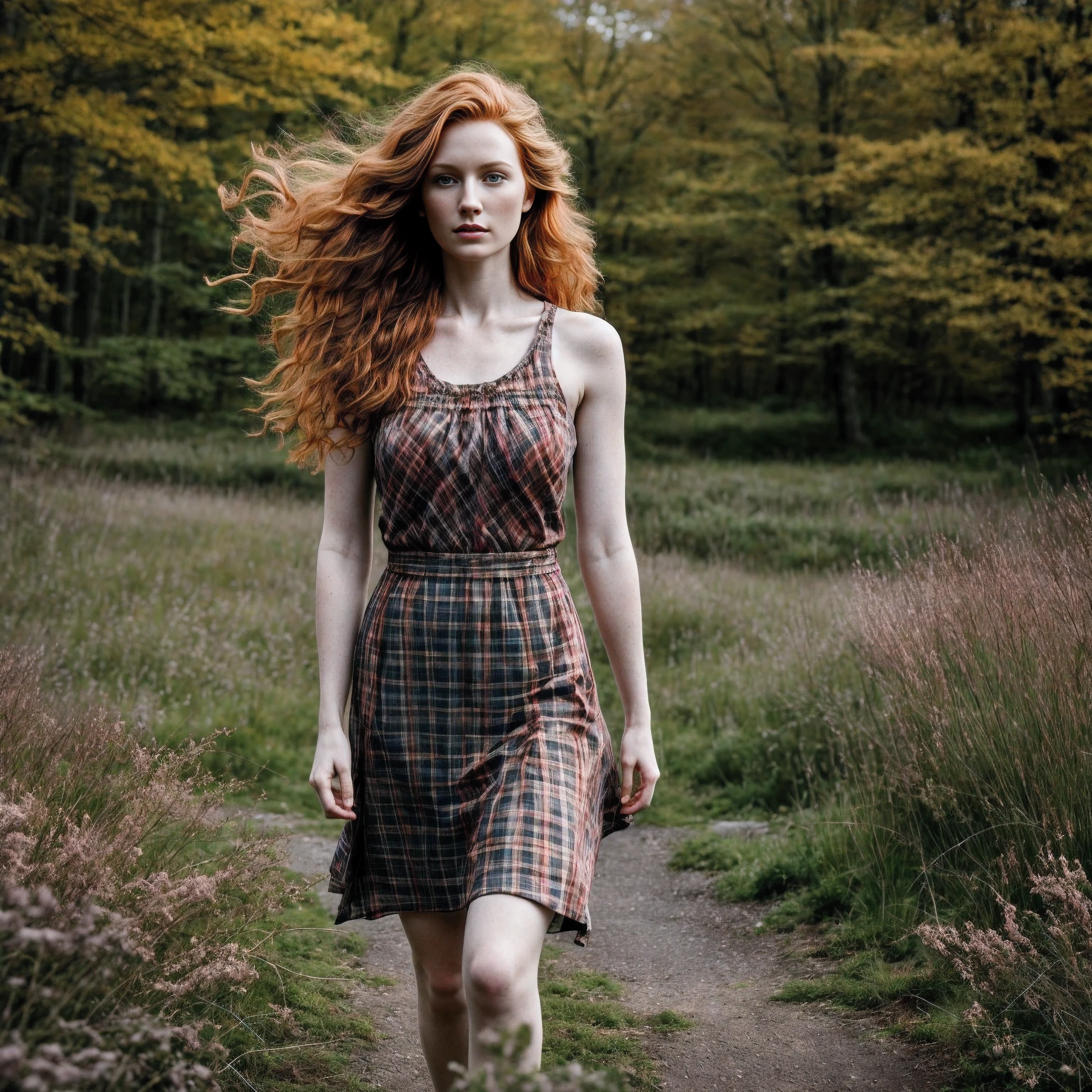 1woman in, age35, Solo, Aesthetic artwork, irish  redhead, wavy ginger hair, shoulder length ginger hair, some small freckles, pale skin, small breasts, runners body, fullbody shot, imperfect skin, goosebumps, tartan dress, beautiful nature location, around flower location, (extremely detailed 8k wallpaper), soft lighting, high quality, film grain, Fujifilm XT3 sharp focus, f 5.6, 50mm, High Detail, Sharp focus,(natural light), (seductive), Realistic, ultra realistic, photo realistic, crazy details, complex details, hyper detailed,