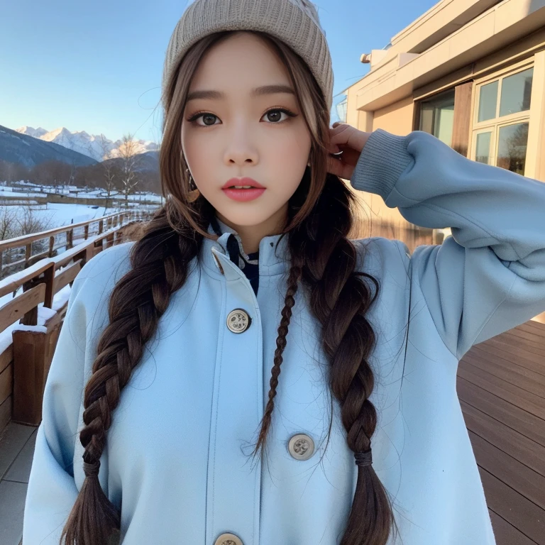 (Realistic lighting, Best quality, 8K, Masterpiece: 1.3)), Clear focus: 1.2, 1girl, Perfect beauty: 1.4, Big breasts: 1.2, Slim abs: 1.1, ((dark brown hair)), (light blue winter outfit with a open coat), (ski resort), day: 1.1), , Super fine face, fine eyes, Double eyelids, beanie, braids, full body picture 