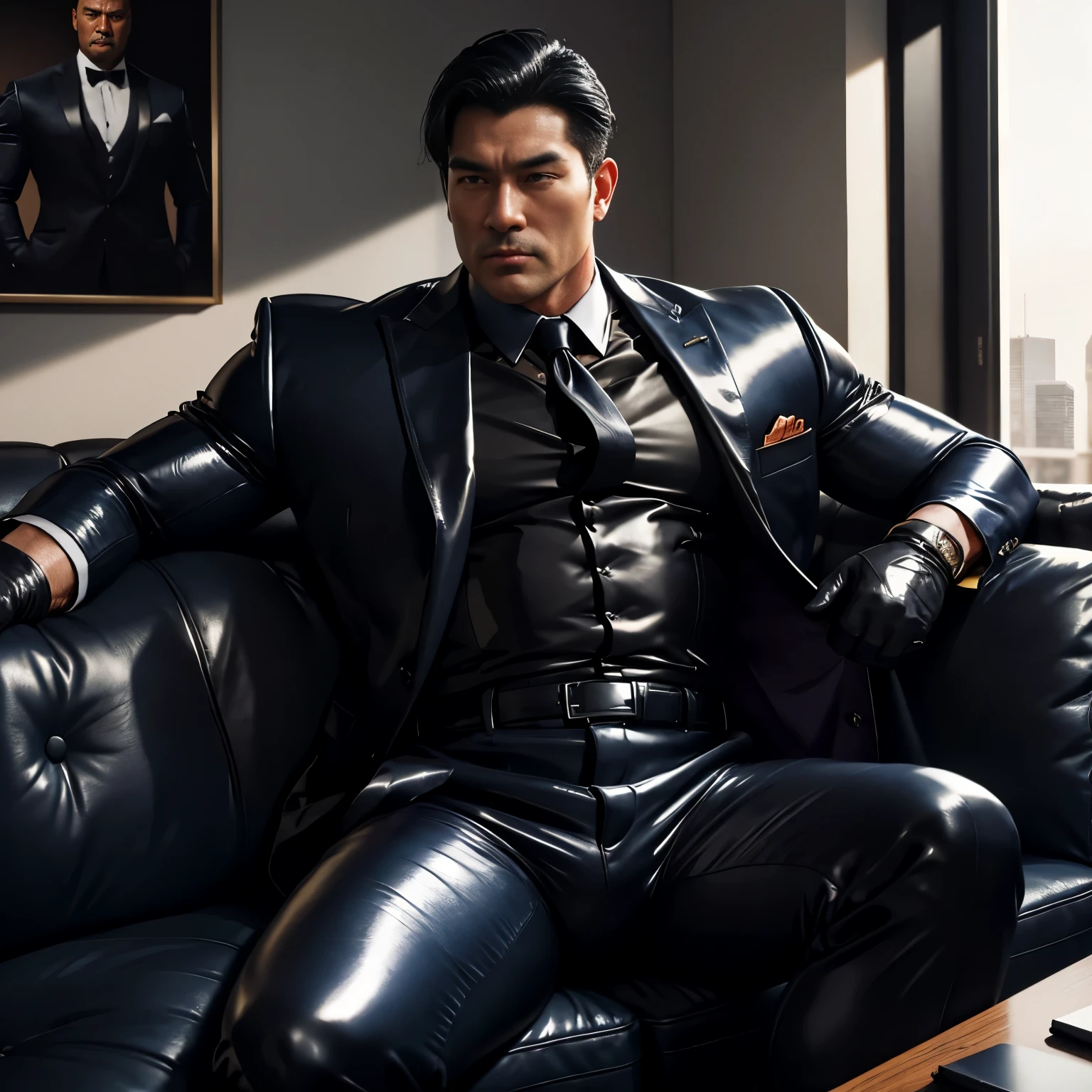 30 years old,daddy,"shiny suit ",Dad sat on sofa,k hd,in the office,"big muscle", gay ,black hair,asia face,masculine,strong man,the boss is,handsome,,leather gloves,lecherous dad,look straight ahead,dad is handsome,dad is handsome ,dad is "horny dad"