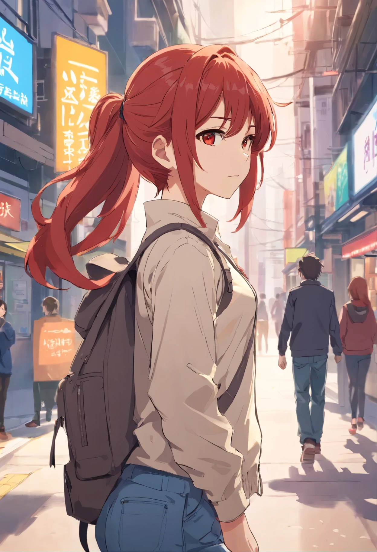 (draw) ((masterpiece, best quality)) (character design sheet, same character, front, side, back, with words written around it) a woman with long, red hair and a ponytail hairstyle, brown eyes, wearing a bulletproof vest, a long-sleeved T-shirt with the zipper closed, a white shirt and jeans, backpack, standing relaxing