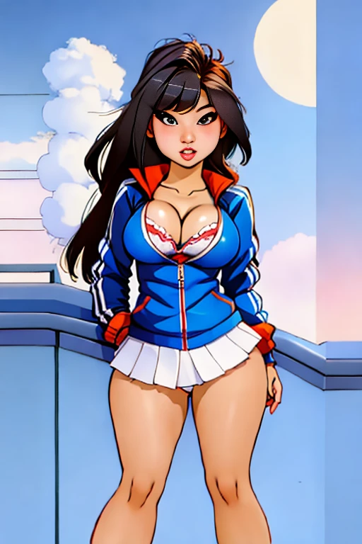 sexy 16 year old Asian high school chick, cleavage, front body view, looking at viewer