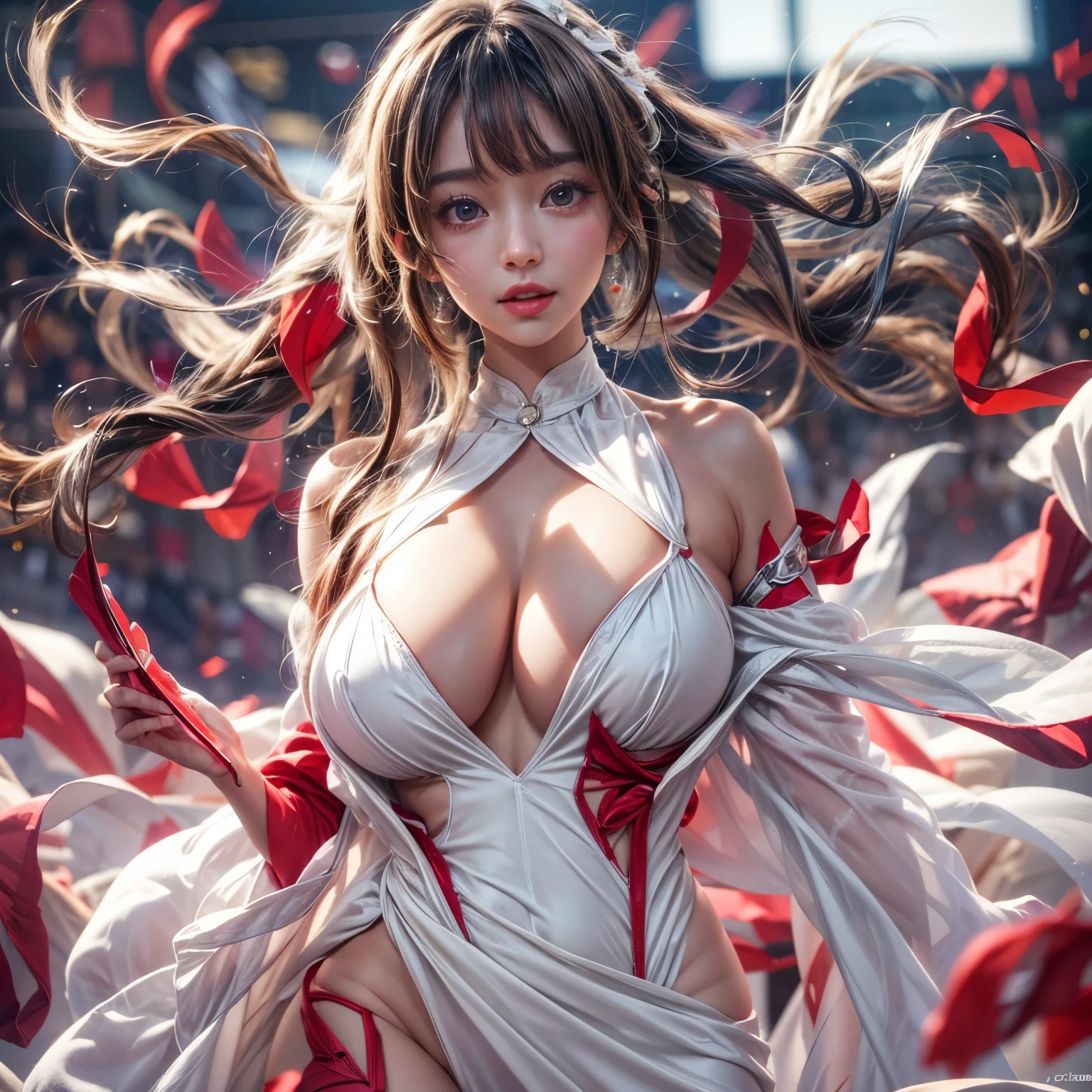 ((NSFW:-0.9, (nipple:-0.9), Acutance:0.85, White and Red, Mystic sight, (many Dazzling flush lights with lens flares) and lens Ghost, Luminous Particles, many colorful Lights )) . best quality, (masterpiece:1.3, realistic, photorealistic, ((analog photo:1.37)), ultra detailed:1.3) . (Amazing KAWAII Idols Walking on stage), ((Extremely detailed (KAWAII face variations)) with joyful expressions), { oiled ivory skin | Overflowing Biomechanical HUGE and HEAVY boob | pretty hips | (Exquisitely White dress with back cutouts) | Full of flowers covering girl's body | long hair:-0.8 }, { (Visible naked backs with Overflowing sideboob) | ( Walking on stage with Red highheels, large crowd:1.4) } . (((Ass focus, butt crack))), Whole Body proportions and all limbs are anatomically accurate .