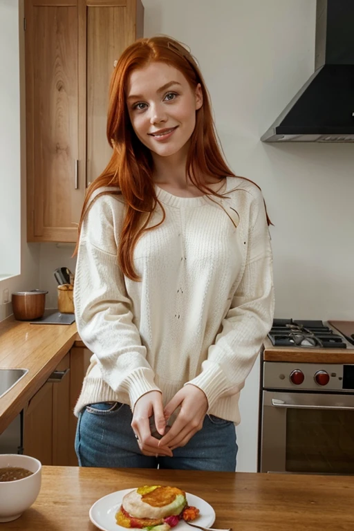 There is a woman with red hair wearing jeans and a white low-cut sweater, am Tisch sitzend, with red hair and green eyes, red-haired girl, cute young red-haired girl, red-haired girl, roter Kopf, mit lockigen roten Haaren, beautiful young model, sie ist rothaarig, Girl with red hair, eine rothaarige junge Frau, flowing reddish-brown hair, red-haired goddess, Breakfast, smiling, having breakfast