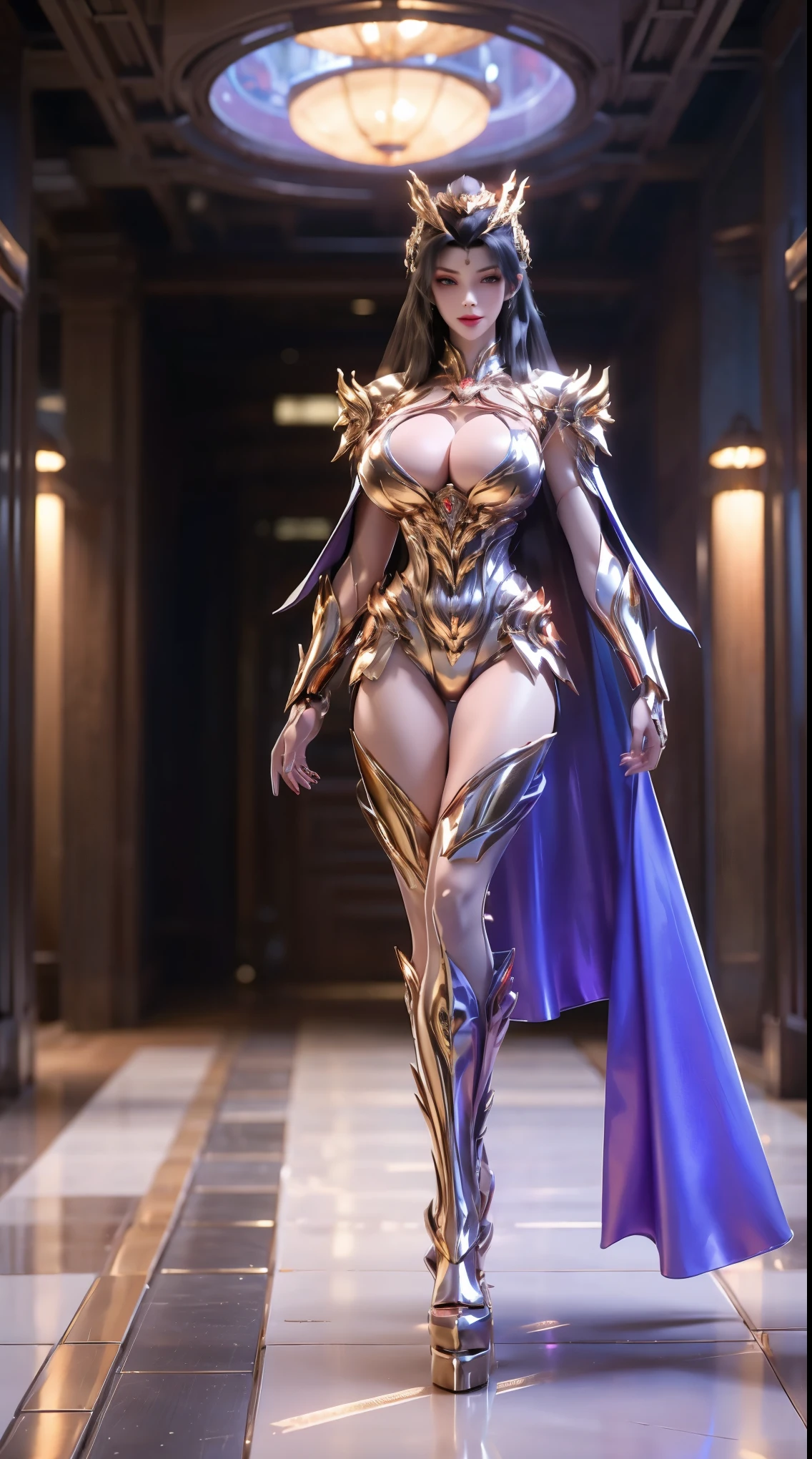(1GIRL, SOLO), (ssmile, makeup, beautifull eyes, red libs, black hair, phoenix mecha helm), (BIG BUTTOCKS, HUGE BOOBS:1.4), (PHOENIX MECHA GUARD ARM, GLOVES:1.3), (white, purple, gold,a MECHA CYBER SHINY ARMORED SUIT, ROYAL CAPE, CLEAVAGE, MECHA SKINTIGHT HOTPANTS, GUARD ARMOR LEGS, HIGH HEELS:1.4), (MUSCULAR BODY, SEXY LONG LEGS, FULL BODY:1.5), (MUSCLE ABS:1.2), (LOOKING AT VIEWER:1.3), (WALKING DOWN HALLWAY OF FUTURISTIC SPACE STATION, BRIGHT LIGHTING IN THE ROOM:1.3), PHYSICALLY-BASED RENDERING, ULTRA HIGHT DEFINITION, 16K, 1080P.