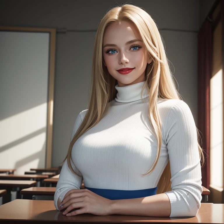 Beatrice, blond, long hair, red lips, blue eyes, smile, fitness, strong arms, friendly, portrait, wearing a white turtle neck blouse, in a classroom, ultra defined, ultra-detailed, studio light, cinematic.