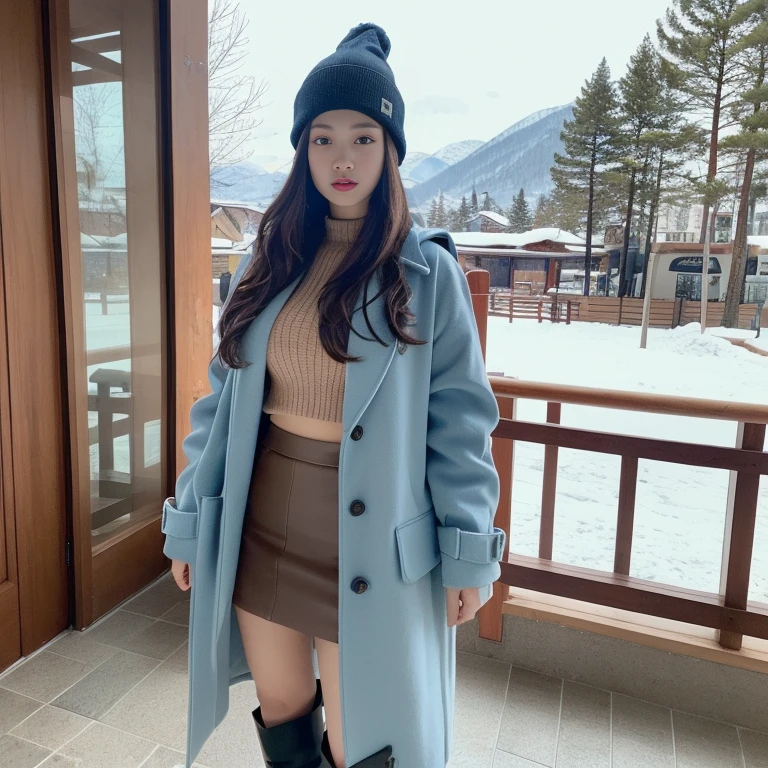 (Realistic lighting, Best quality, 8K, Masterpiece: 1.3)), Clear focus: 1.2, 1girl, Perfect beauty: 1.4, Big breasts: 1.2, Slim abs: 1.1, ((dark brown hair)), (sexy light blue winter outfit with skirt a open coat with boots), (ski resort), day: 1.1), , Super fine face, fine eyes, Double eyelids, beanie, full body picture 