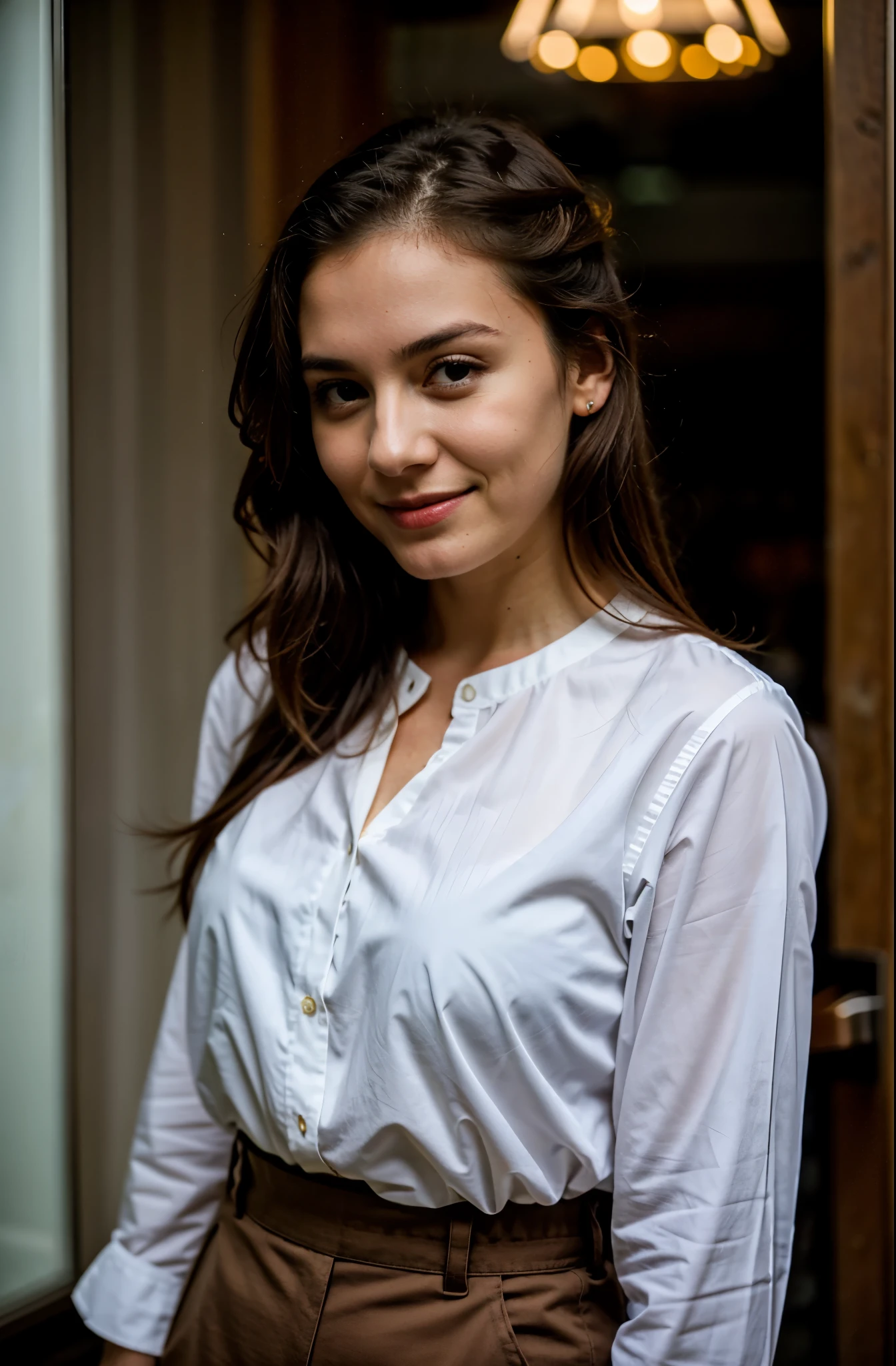 RAW photo of a young woman ,30 years old, slim long face, beautiful brown eyes, ponytail hairs, charming eyes, middle size breast, masterpiece, UHD, best quality, face portrait, long blue blouse, brown pants, 8k uhd, dslr, soft lighting, high quality, film grain, Fujifilm XT3, middle size breast, (((long slim face))), deep charming eyes, flirty expression, slim face, perfect face