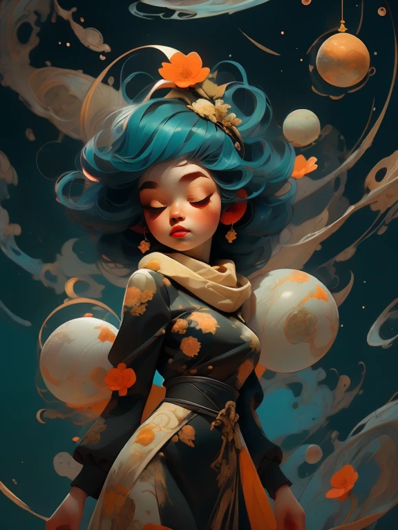 woman floating in the air, 1950's space suit, 1950's pulp movie space helmet, (multi-color hair), limp body, asleep, vibrant opalescent lighting, flecks in the air, dynamic lighting, warm color pallet, knit, brocade, gold carp, strange black fish, poppies, swirling air movement, wide angle, full body view, entire body in frame, loose fabric, geometric shapes, small breasts, sherbet, persimmon, up-do hair, huge thick intricately woven scarf, puffy scarf, background is dark with colored semi-translucent liquid orbs that have a warm internal glow, thick floor length