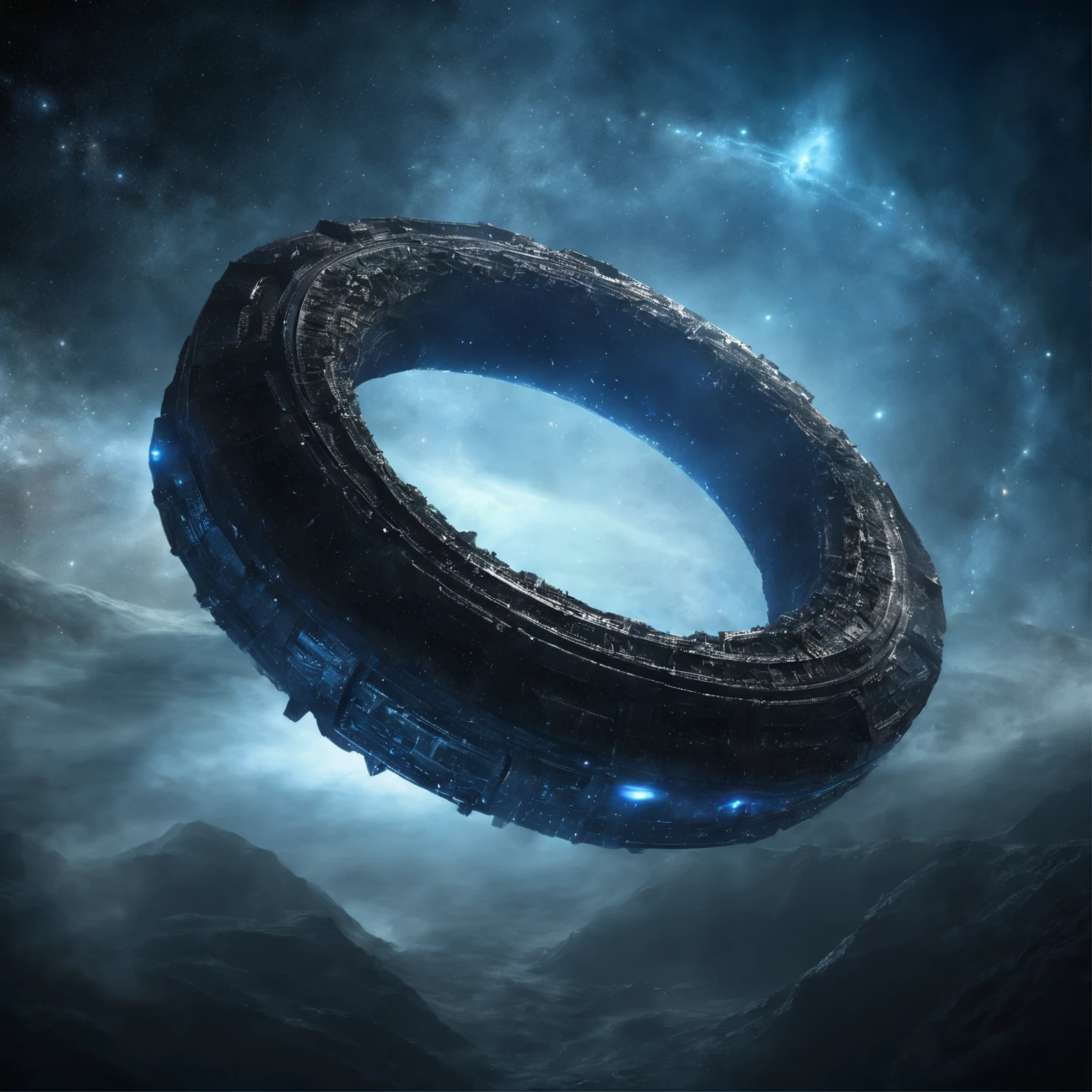 super detailed image of the giant stargate ring ((in the deep space):1.5), ((the entire space inside this stargate is filled with streams of blue plasma flowing from the ring to the center of the space inside this ring):1.4), ((a flying saucer opposite this gate is preparing to pass through it):1.3), Milky Way, space, stars, (Best Quality, 16K, Masterpiece, UHD, Ultra quality cinematic lighting, Huge detail, Well lit, sharp, hyper realistic, epic scale, insane level of details)