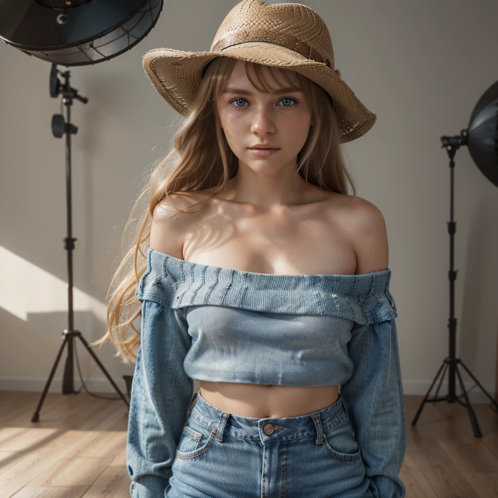 1girl, cute blonde girl, hair bangs, off shoulder brown checkered knit, jeans shorts, blue eyes, ultra realistic soft skin, extreme detail, high masterpiece, 8k, photography, studio light, ultra realistic lighting, high realistic ray tracing, RAW photo, photo studio, perfect detailed cute face, perfect teenage details, cowboy hat