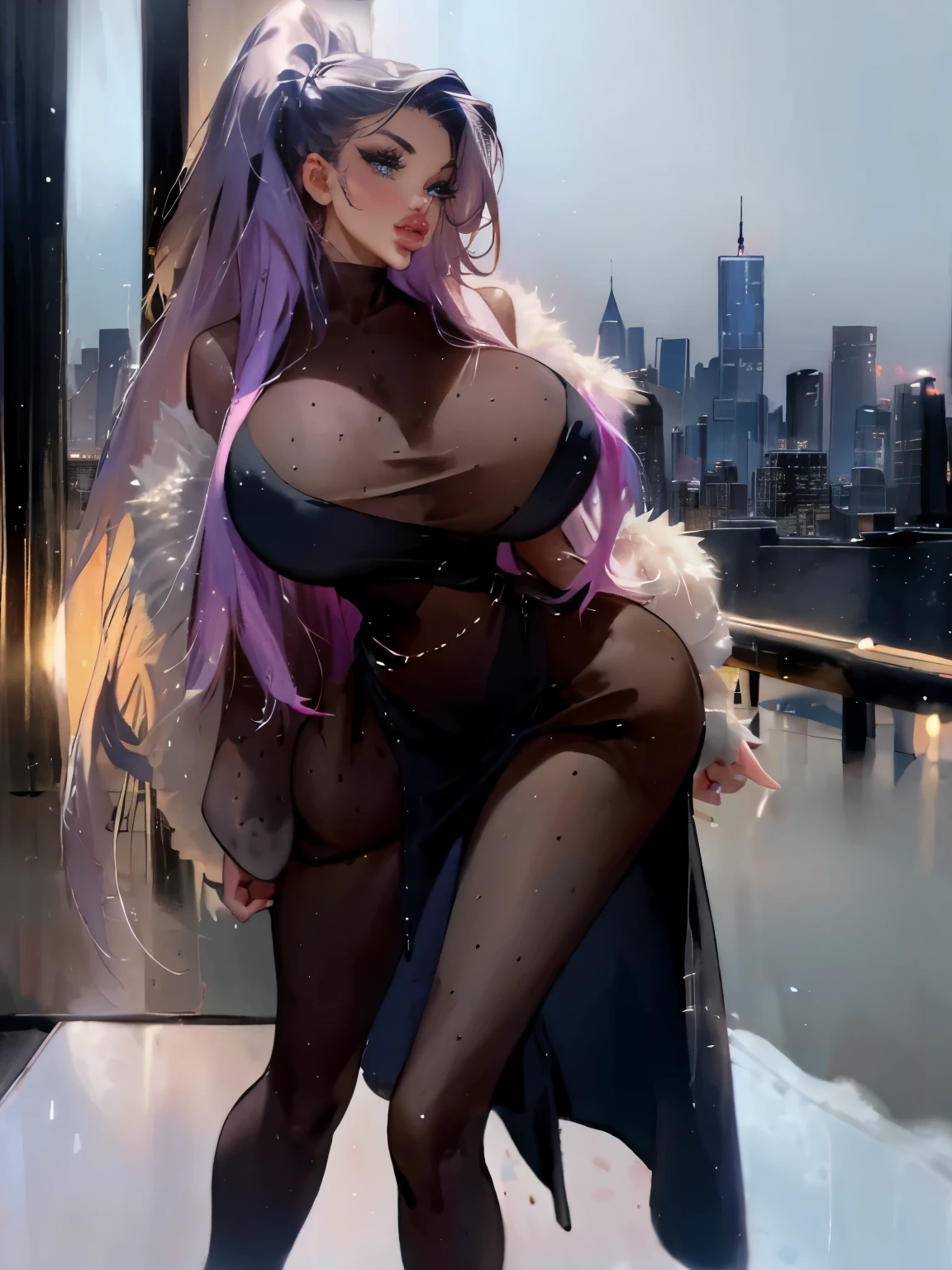 A Latina woman with long hair standing in front of a New York City background during winter. She has a professional appearance and is depicted with the best quality and high resolution. The image should be ultra-detailed and showcase the woman's long hair, stunning features, and expressive eyes. The woman should have vibrant and beautiful hair color. The image should be sharp, realistic, and photorealistic, capturing the essence of the woman and the winter atmosphere. The lighting should be professionally done, enhancing the woman's beauty and highlighting the details of the scene.