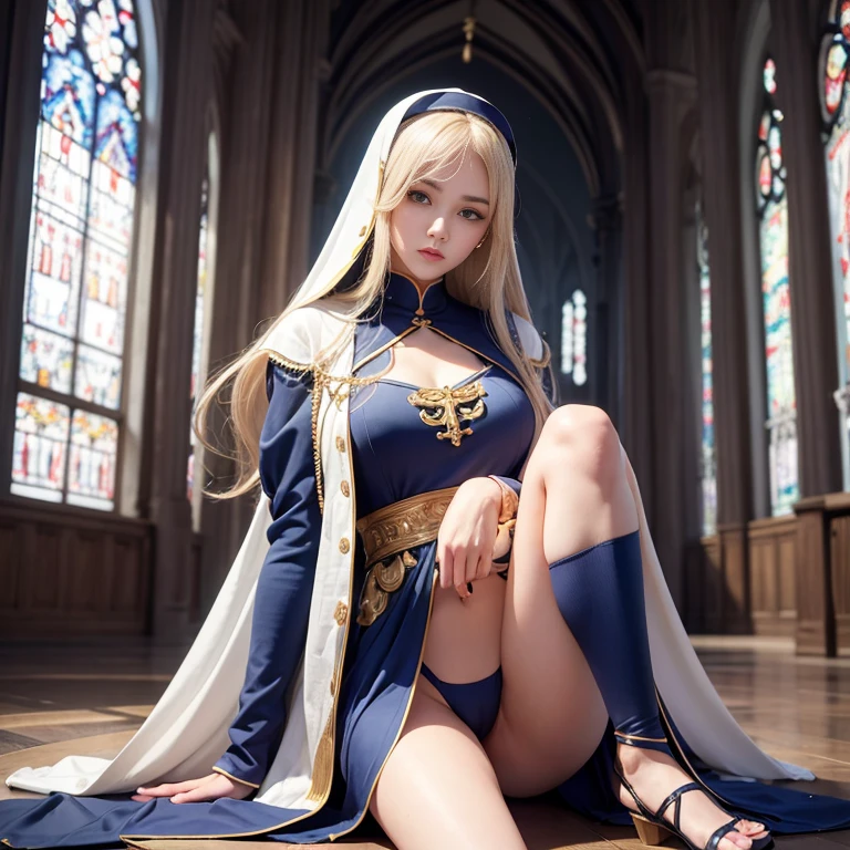 photorealistic、whole body、High resolution, best quality, super high quality, high quality, High resolution, ウルトラHigh resolution, disorganized, In 4K, In 8K, hyper-detailed, intricate details、A 26-year-old woman with the beautiful features of a goddess.、Slender body type、great shading, high contrast, Reality, realistic photo, Raw photo, Photography, Super thin illustration, Shrinkage rate, perfect anatomy, correct anatomy, perfect proportions, perfect face, perfect hands, perfect legs, perfect fingers、chest small、Blonde semi-long、Dark blue nun attire、The background is the chapel of the cathedral、Front facing、sit on the ground with both knees bent、open leg、I can see white underwear、private parts visible、crying face、looking at the camera