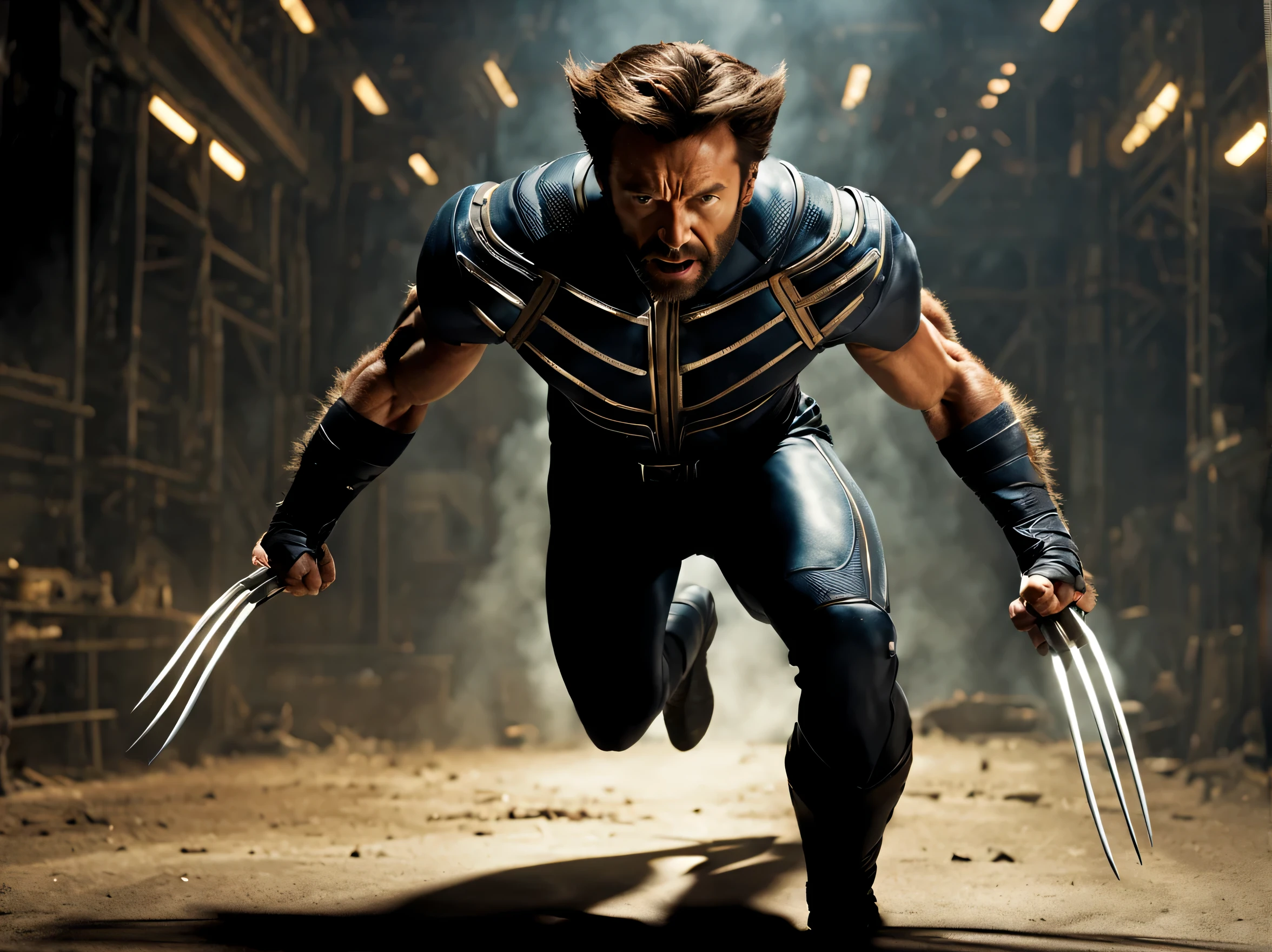 a cinematic still of Hugh Jackman portraying Wolverine of Marvel's X-Men, he is lunging at the viewer with his claws out in a frightening action pose. Wolverine has an angry look on his face and a five o'clock shadow, he is wearing a black hero suit with an intricate pattern, Intricate details, realistic textures, cinematic lighting, action, battle, motion blur, hyper-realistic, intricately detailed, 8k