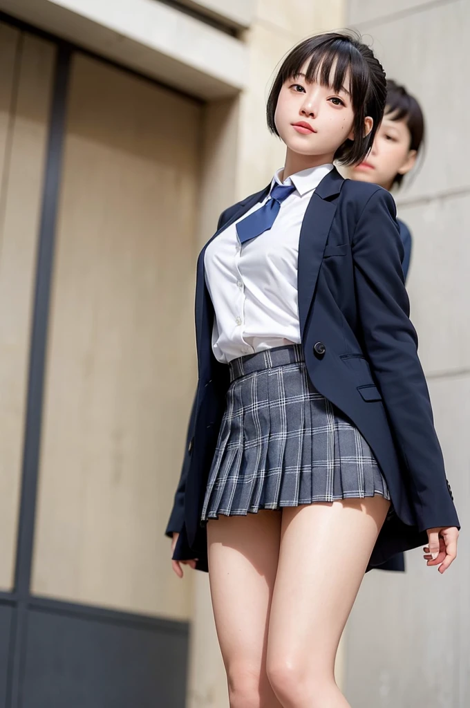 (((too short micro miniskirt))),Two girls walking in the schoolyard,Long-sleeved blazer, white shirt, and navy blue tie,white panties,Plaid Pleated Micro Mini Skirt,18-year-old,bangs,a little smile,thighs,knees,short cut hair,Low ponytail,from below,front light